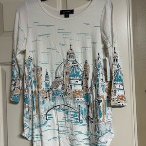 Karen Kane White and Teal Cityscape Long Sleeve Top